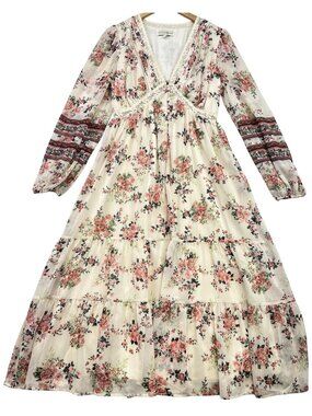 Women's Cottagecore Boho Tiered Midi Dress Long Sleeve Size L Cream Floral